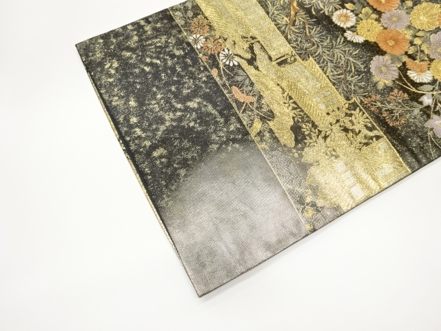  引箔秋草に寺・横段模様織出し袋帯